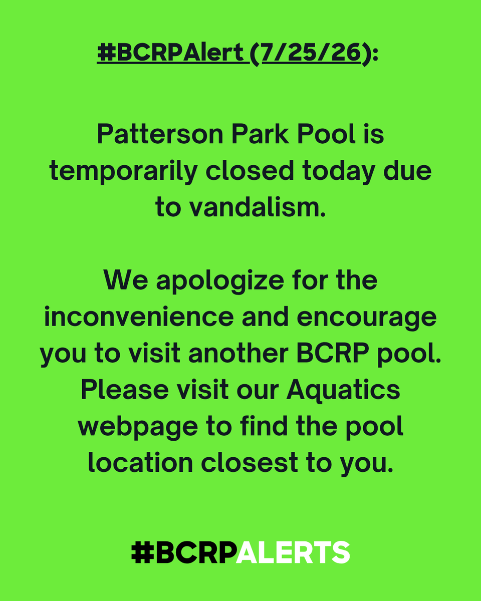 RecNParks's tweet photo. Patterson Park Pool is temporarily closed today due to vandalism.

We will send an update once the pool is ready to reopen. https://t.co/pbZKKTB9TI