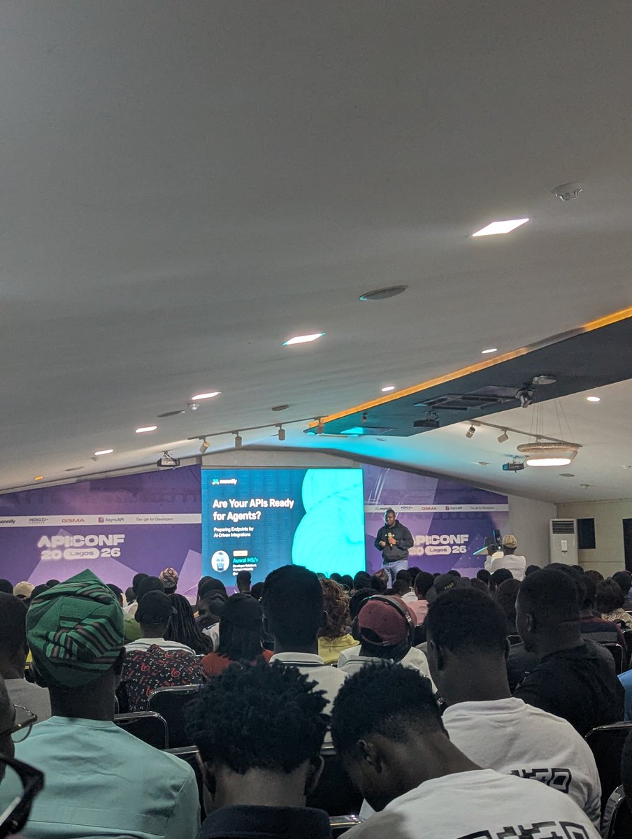 AhmzyJazzy's tweet photo. @apiconflagos 2026 going on smoothly. A lot of useful information shared around API integration, Using MCP to make your API Agent be API documentation aware, making your API documentation be AI Agents ready. 
#APIConfLagos2026 https://t.co/yH1VmUnE9g