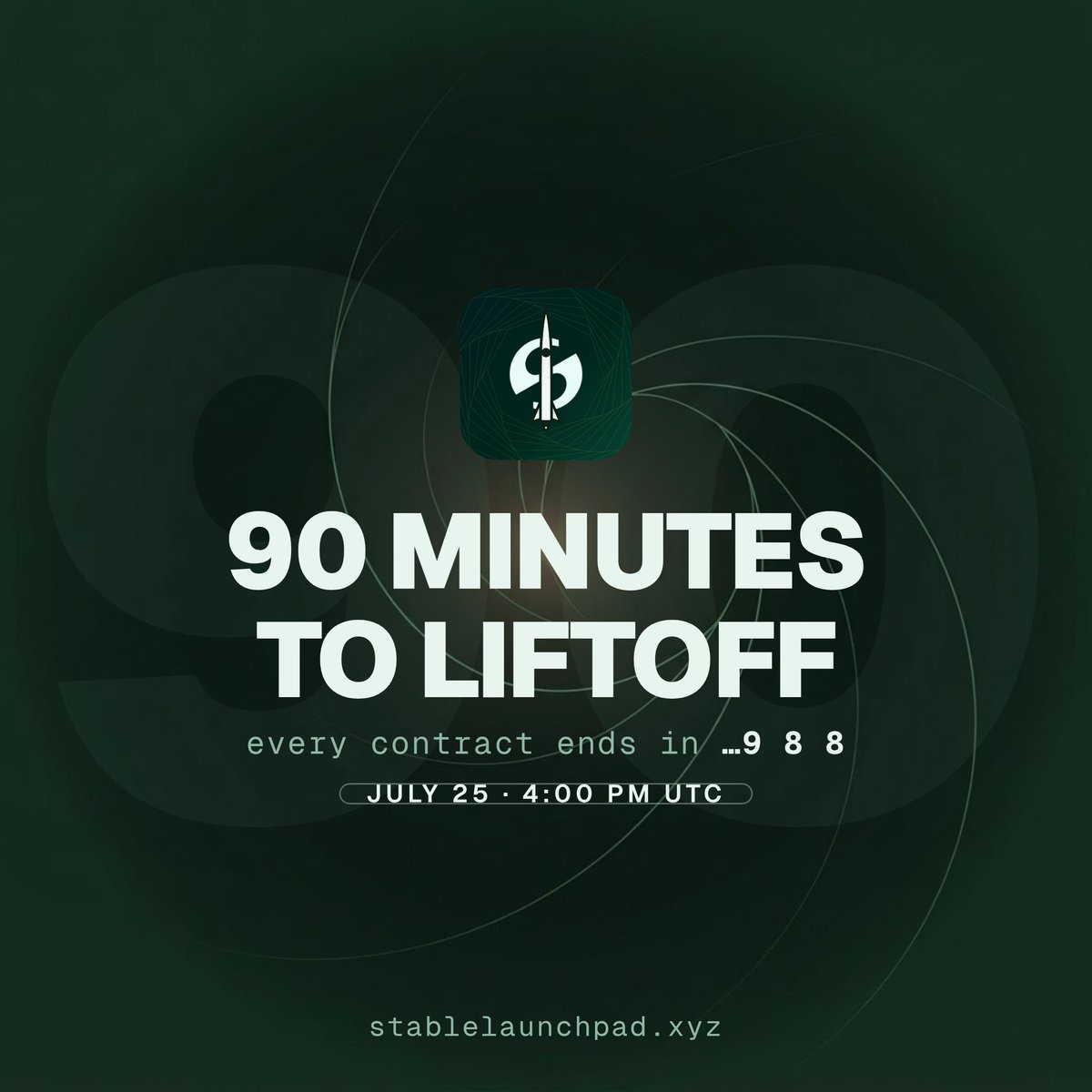 StableLP's tweet photo. WL END

90 MINUTES TO LIFTOFF.

The team is ready. Systems are green. The wait is almost over.

Stable Launchpad goes live July 25 · 4:00 PM UTC.

You've seen the clue everywhere by now: every contract ends in …988.
Last call, get whitelisted before the doors open.

https://t.co/vL906FA9GN