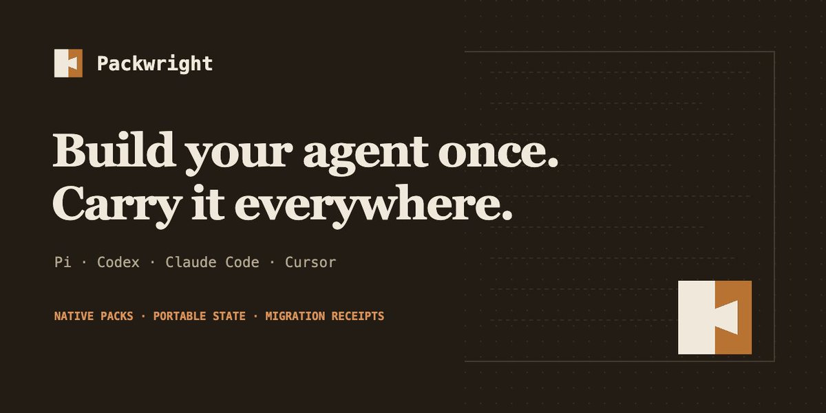 jiefuzong's tweet photo. Build a coding-agent pack around how you work — skills, memory, workspace — then compile it for Pi, Codex, Claude Code, or Cursor. 

When you switch runtimes it carries that state and reports what it can't carry, before it writes anything. https://t.co/4gzUuJgvYR