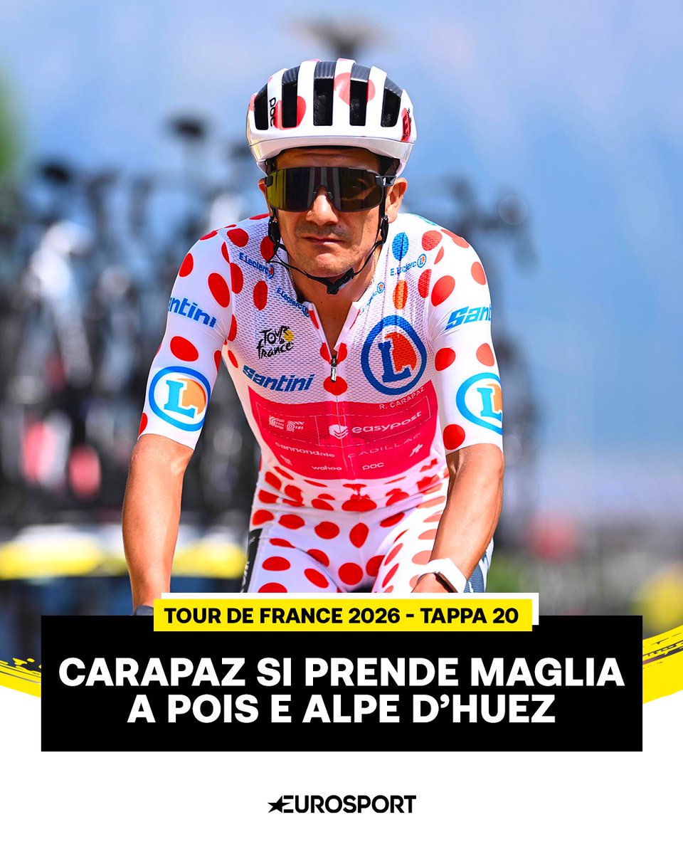 Eurosport_IT's tweet photo. CHE GRINTA CARAPAZ: SUA L'ALPE D'HUEZ! ❤️‍🔥

La Locomotora del Carchi vince ancora: dopo la vittoria in occasione della 19ª tappa alza di nuovo le braccia al cielo nel giorno in cui fa sua la Maglia a Pois. Un finale al cardiopalma con la caduta di Sepp Kuss che saluta così il sogno della vittoria 🙏

#Ciclismo #Cycling #TourdeFrance #TDF2026 #Carapaz