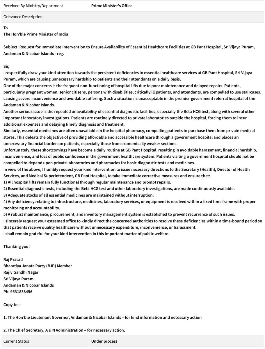 merajprasad's tweet photo. Raised public grievance before the Hon'ble Prime Minister for immediate improvement of healthcare services at GB Pant Hospital, Sri Vijaya Puram. Every patient deserves accessible, affordable, and quality healthcare. Hoping for prompt action. 🙏 @BJP4India @blsanthosh @NitinNabin https://t.co/a4FVAXg2kU