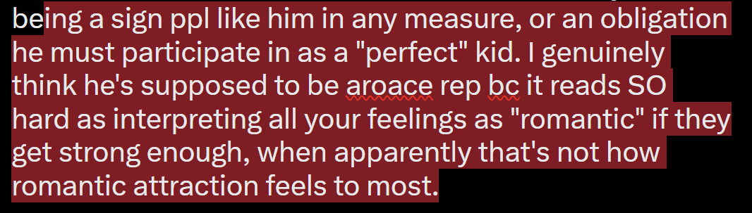 Finch3939's tweet photo. @nerdydood OHH MY GOD EXACTLYYY. i dont wanna seem overly sensitive, but the fact the general reaction to the festival scene was "haha he likes kris too" instead of This is the Most Aroace Thing Ever kinda baffled me. Like. he does not care at all. he is not invested in romance beyond it https://t.co/k2Sq3Tg9bo