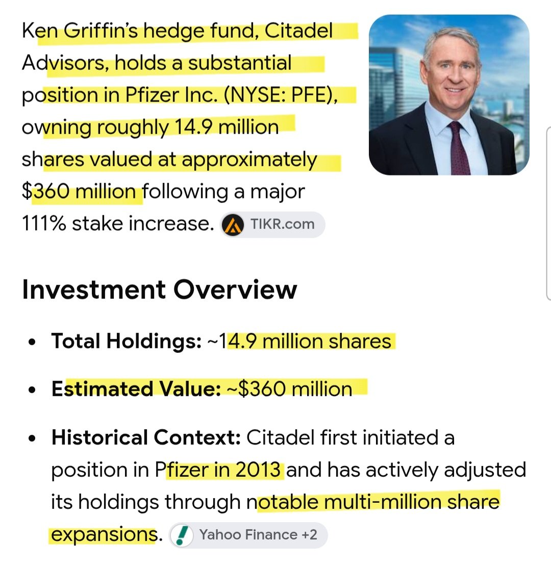 stephmase22's tweet photo. 🐀🐍KEN GRIFFIN HOLDS A LARGE POSITION IN PFIZER 🤔

Citadel Ken Griffin holds a substantial position in Pfizer dating back to 2013 and adding Millions of shares since then.

14.9 Million shares valued at approximately 360 MILLION 🤔

That gives Kenny a big incentive to destroy companies like NWBO QNTM and scientific breakthroughs.