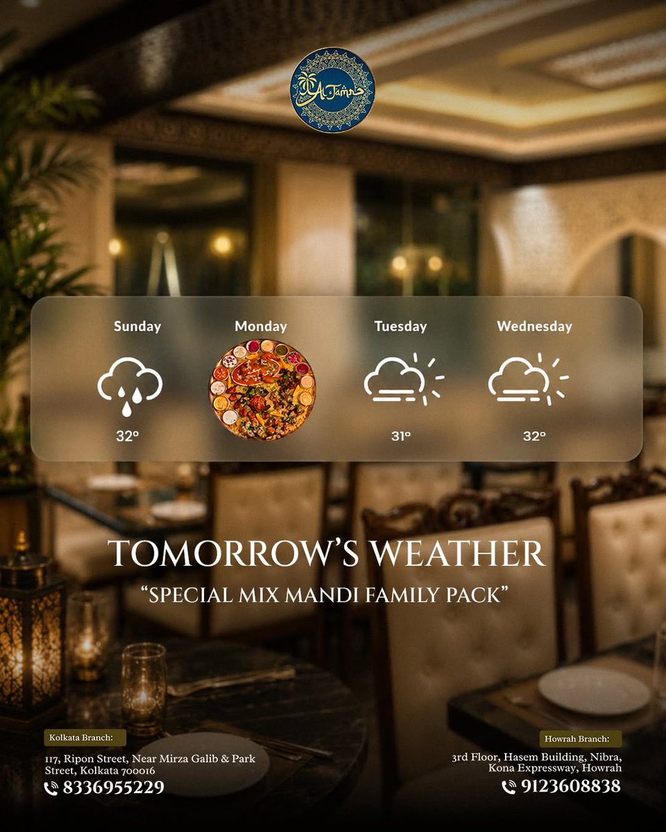 Altamr12's tweet photo. 🍽️ Craving authentic Arabic flavors?

Visit Al Tamr – your destination for premium Arabic Fusion &amp; Multi-Cuisine in Howrah and Kolkata.

Perfect for family dinners, birthdays, anniversaries &amp; special occasions.

📍 Howrah | 📍 Kolkata
🌐 https://t.co/Rrns2rJCcB
#AlTamr https://t.co/LV3knr8TzA