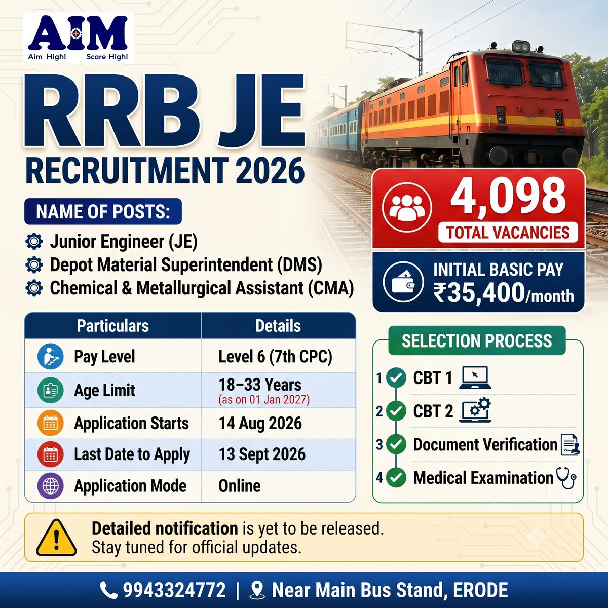 ErodeAim's tweet photo. 🚨 Big News! RRB JE Recruitment 2026 is here! 🚂

Start preparing early to crack CBT 1 &amp; 2! Join AIM Institute in Erode for expert coaching. 📚✨
📞 Call: 9442112979 📍 Near Main Bus Stand, ERODE

#RRBJE #RailwayJobs #GovtJobs2026 #RRBJE2026 #Erode #TheGREATAcademy https://t.co/agw98TrjQn