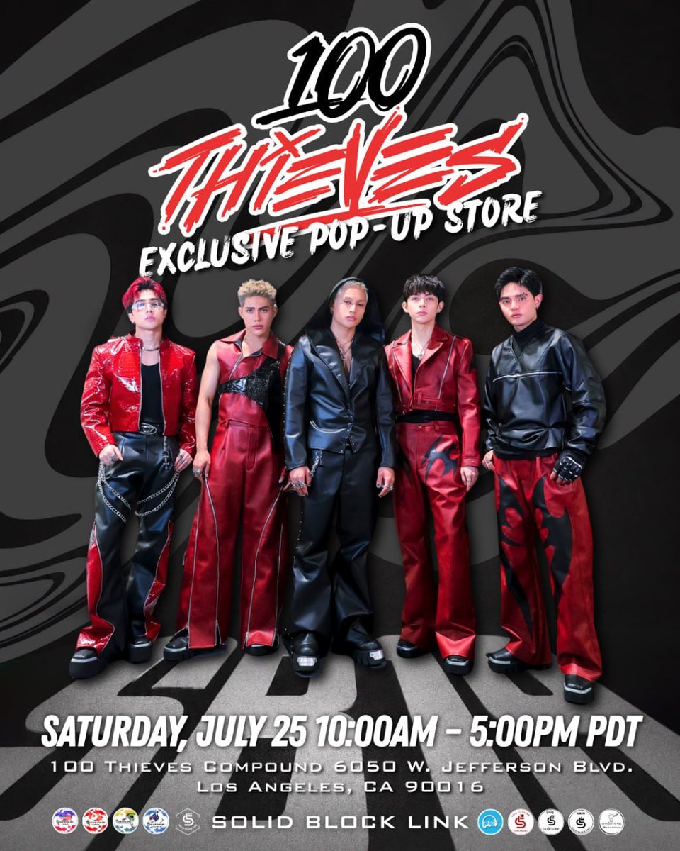 SB19SBLink's tweet photo. Happening today: Exclusive merchandise and culture pop-up featuring @SB19Official at 100 Thieves Compound, Los Angeles, CA.

Pop-up opens today July 25, 2026, 10:00 AM until 5:00 PM PDT. 

Secure your exclusive SB19 merch including special apparel and limited items available only at the venue. Enjoy as well cultural experience with Filipino food trucks and Filipino music.

As  to perks; be among the early attendees for some special gifts. 

D-5 SB19 LOLLAPALOOZA STAGE
@SB19Official #SB19