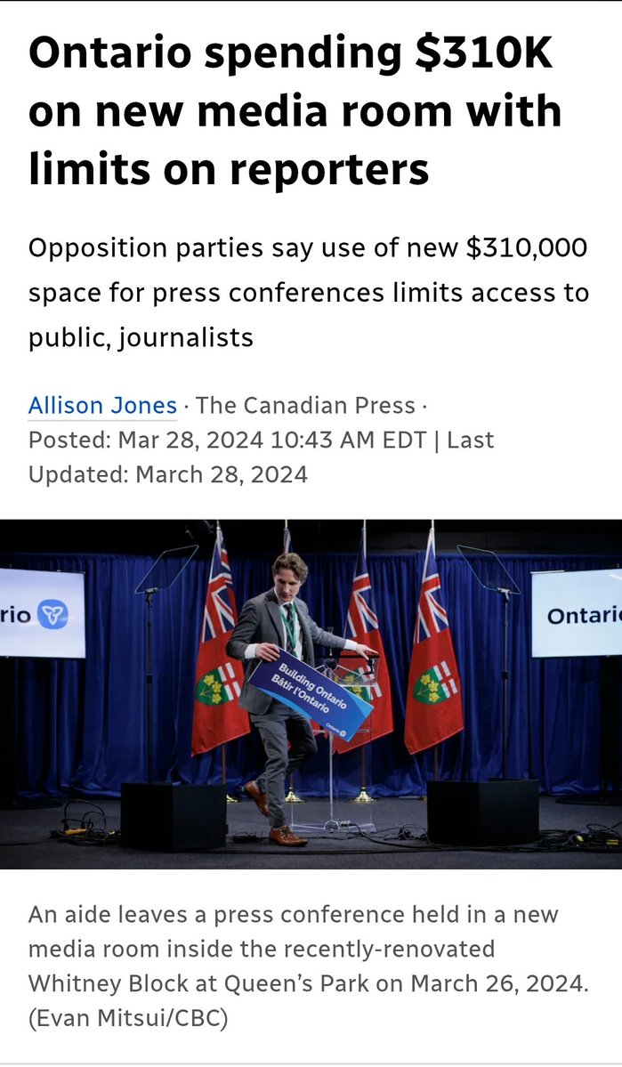 Freire1Pb's tweet photo. March 2024, Doug Ford's authoritarian regime billed taxpayers $310,000 on a new press conference room, when there is already a news conference room at Queen's Park.
Why? In this new room, govt can limit reporters questions. 
Report by @allisonjones_cp
 👇
https://t.co/UpIQWYWfdo https://t.co/gMq8Z3X58J