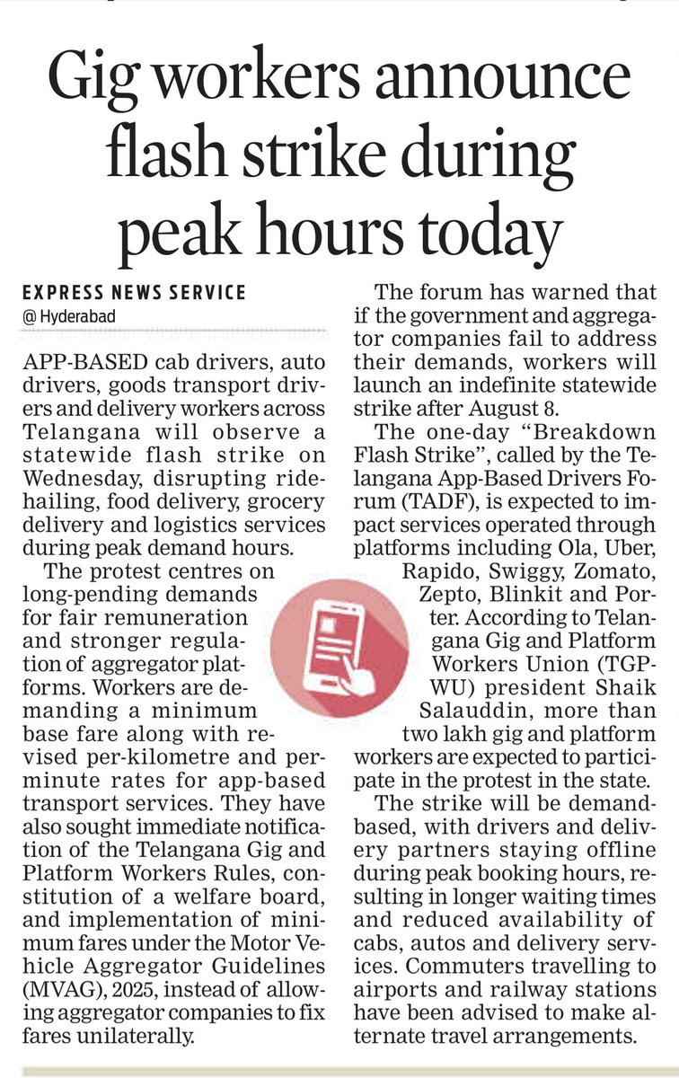 TGPWU's tweet photo. Telangana gig workers announce flash strike during peak hours today 

https://t.co/PXPocERHau https://t.co/7HiEPfvpHn