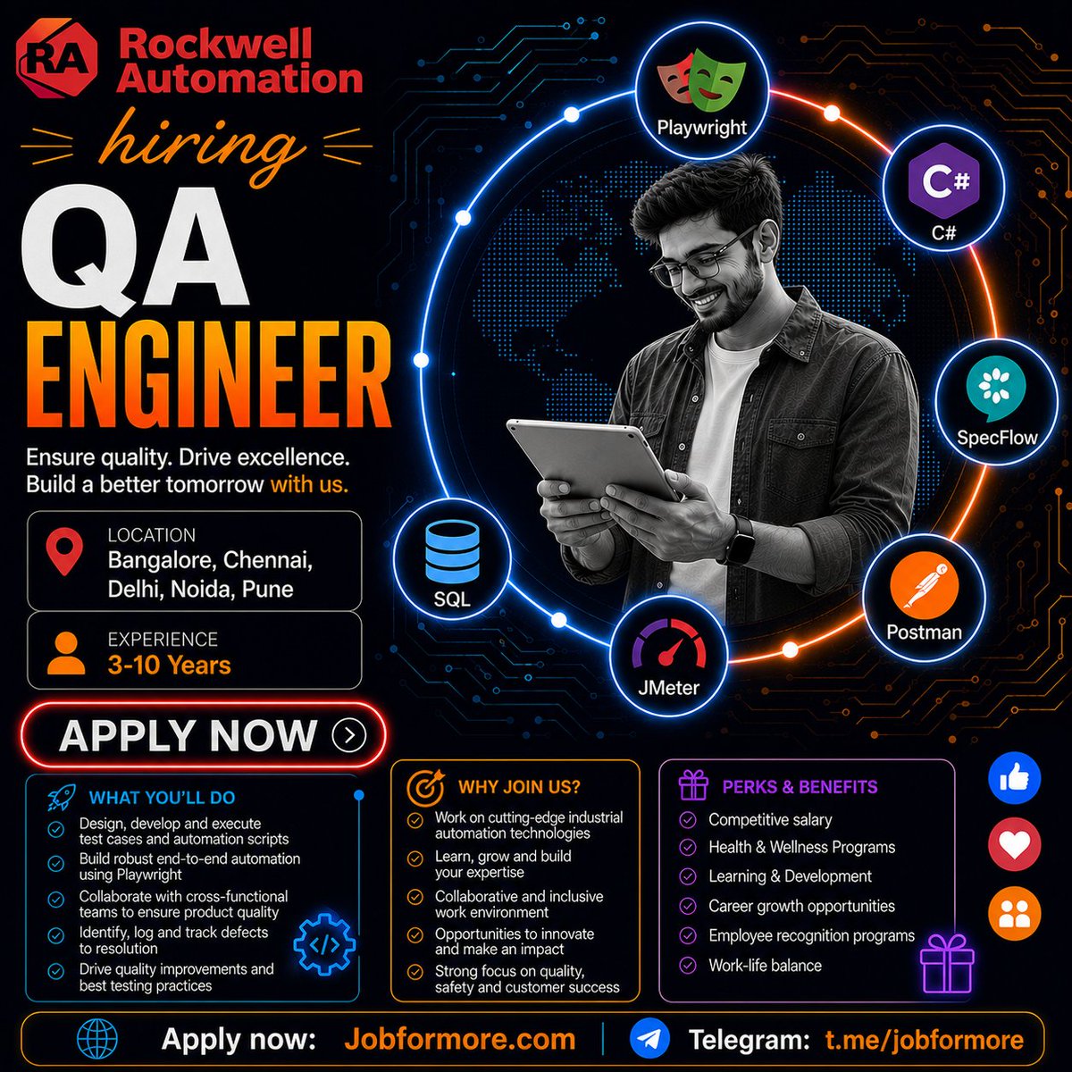 jobformore's tweet photo. π QA Engineer @ Rockwell Automation
π Bangalore, Chennai, Delhi, Noida, Pune | 3-10 Years
π Bachelorβs Degree
π» Playwright, C#, SpecFlow, Postman, JMeter, SQL
#Jobformore #RockwellAutomation #QAEngineer #TechJobs #TestingJobs
Apply: https://t.co/cb2bvbbOqo https://t.co/mmzf02sK6U