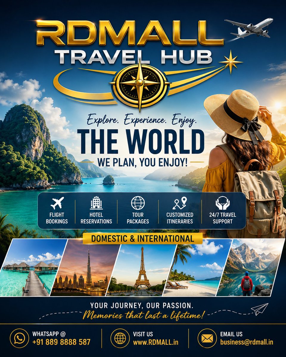 RD_Mall's tweet photo. 🌍 Your next adventure starts with RDMALL Travel Hub! ✈️

Flights • Hotels • Holiday Packages • Custom Trips • 24×7 Support

📲 WhatsApp: +91 889 8888 587
🌐 https://t.co/KDbYeXewK6
#RDMALLTravelHub #Travel #ExploreTheWorld

https://t.co/VVgM5jupFM https://t.co/M0BfLAQYJE