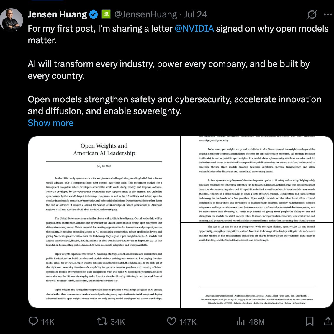 Jensen Huang made his first post on X. He already has: • 789K+