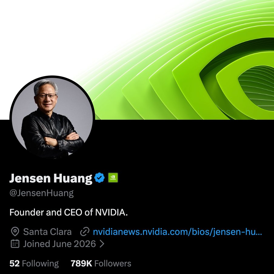 huangqiyunページ Jensen Huang made his first post on X. He already has: • 789K+