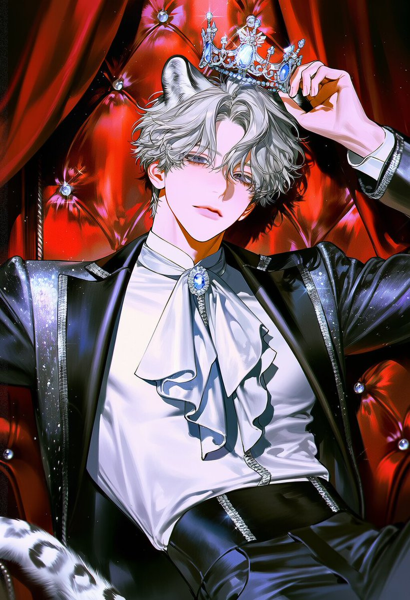 9ookwa's tweet photo. upper body, front view, sitting, leaning back, arm up, head tilt, looking at viewer, closed mouth, transparent crystal crown, holding the crown above own head with one raised hand as if crowning himself, pure white blouse, oversized pure white satin bow on chest, jet black jacket, silver sequins, silver trim, sparkle, indoors, deep crimson curtain, dark background, red theme, dim lighting