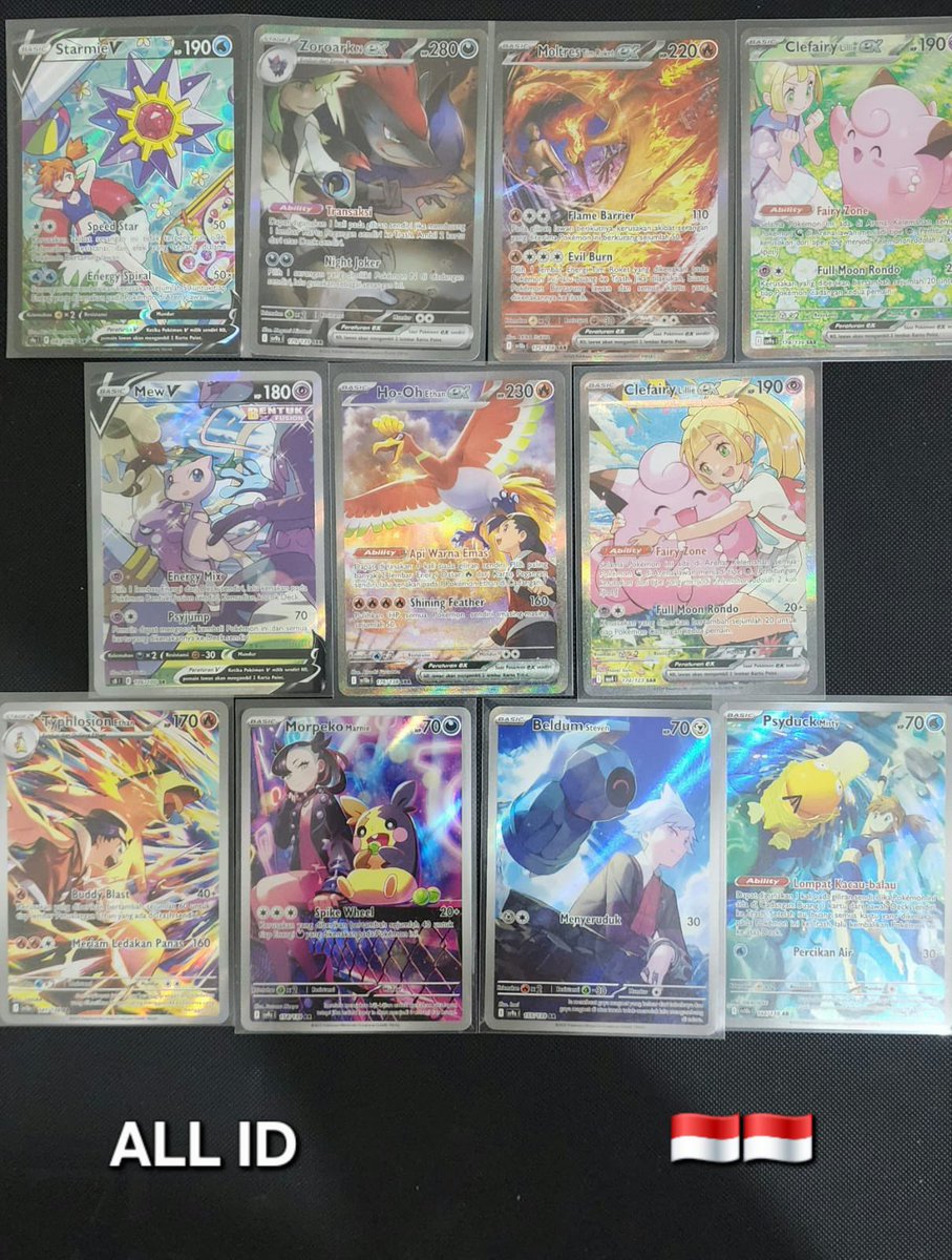 kiwbiy's tweet photo. WTS Pokemon AR SAR Card
🇯🇵Charizard V, Genesect V, Poliwhirl 151, Diancie SAR, Chien Pao SAR, Bellibolt SAR, Bronzor, Ducklett, Fennekin, Lillie, N Zorua 🇮🇩Starmie V, Zoroark SAR, Mew V, Moltres SAR, Clefairy SAR, Ethan Hooh Typlosion, Misty Psyduck, Steven Beldum, Marnie Morpeko https://t.co/BNxkuenZ6i