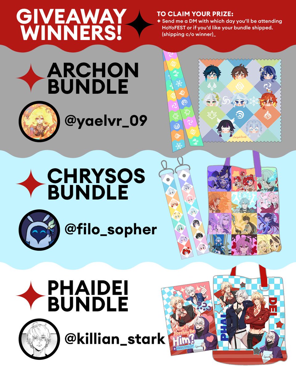 starrywhitewall's tweet photo. Thank you very much to everyone who joined my giveaway! Because I'm feeling generous, I decided to draw a winner per bundle :D

Congratulations to @yaelvr_09, @filo_sopher and @killian_stark! 🥳

Reservations are still open, but only until tomorrow July 26! See you at HoYoFEST!!! https://t.co/WWTeY56Rr6