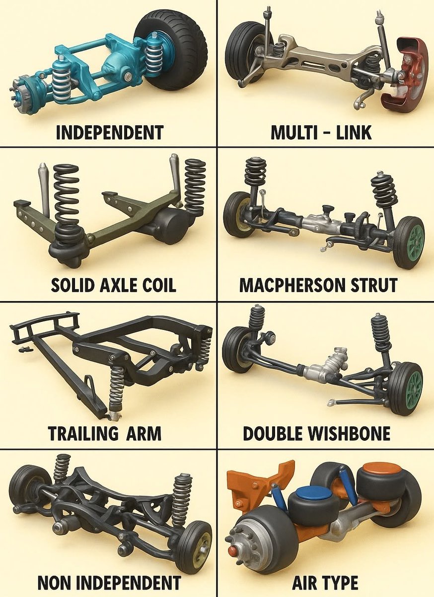 VishalMalvi_'s tweet photo. Hey @grok, settle this debate: Which vehicle suspension performs best under heavy loads and why? Rank all 8 from best to worst 👇 https://t.co/l5Qi8aflVF