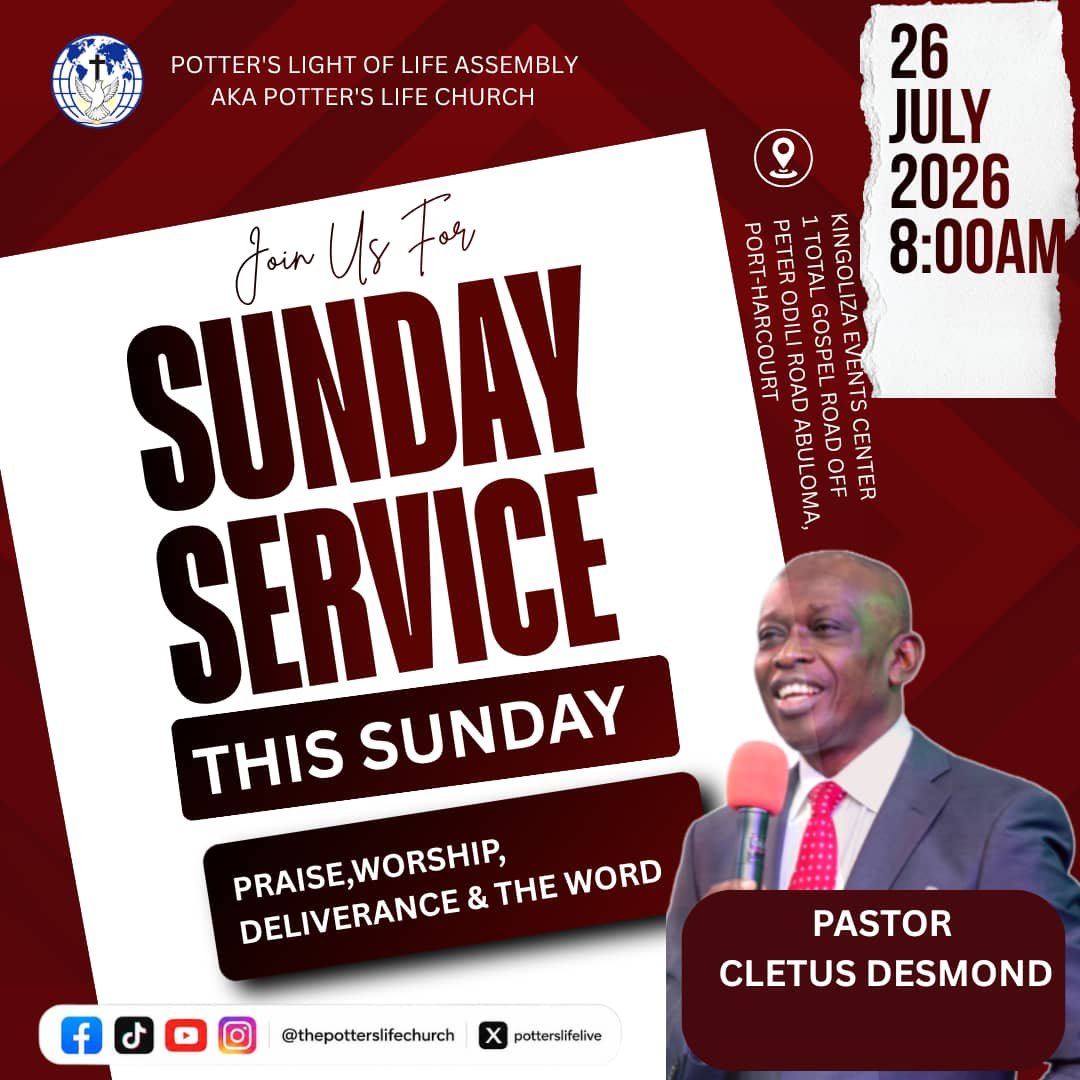 potterslifelive's tweet photo. Join us tomorrow at Potter's Life Church!

Come and experience God's presence, heartfelt worship, and a life-changing message.

📍 Kingoliza Event Center, 1 Total Gospel Road, Off Peter Odili Road, Abuloma, Port Harcourt
🕗 8:00 AM

We can't wait to worship with you!
#potters https://t.co/059Fa6KsAq