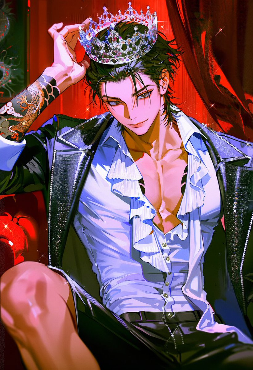 9ookwa's tweet photo. upper body, front view, sitting, leaning back, arm up, head tilt, looking at viewer, closed mouth, transparent crystal crown, holding the crown above own head with one raised hand as if crowning himself, pure white blouse, oversized pure white satin bow on chest, jet black jacket, silver sequins, silver trim, sparkle, indoors, deep crimson curtain, dark background, red theme, dim lighting