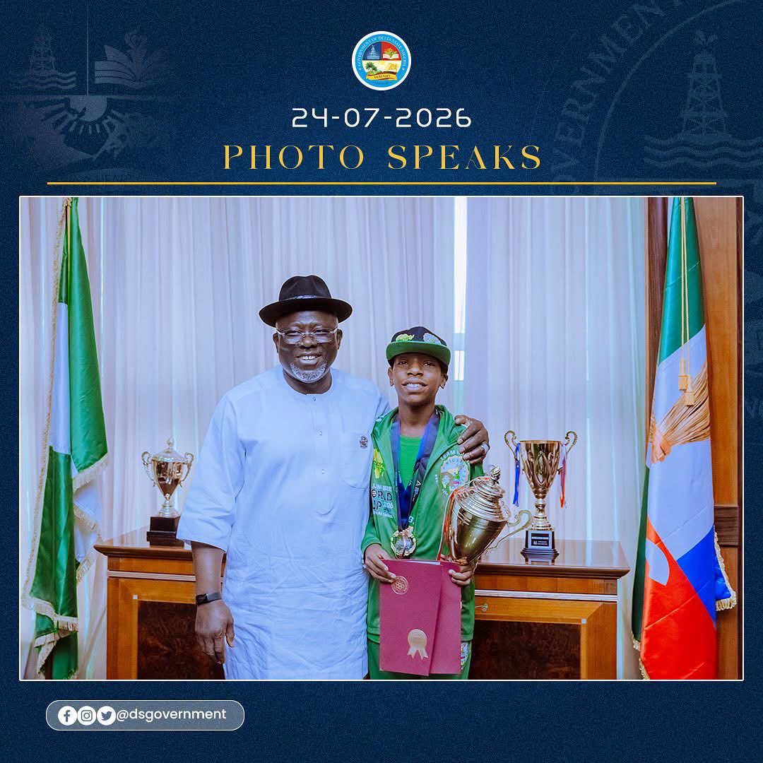phay_vourh's tweet photo. Governor Sheriff Oborevwori welcomes world champion Chinedu Okediachi from Delta State as he visits with the prestigious Gold Award from the 2026 Spelling Bee World Cup in China!

Grateful to @DSGovernment for this award bestowed on Okediachi Great Chinedu for his achievement. https://t.co/BlhzpMnPSr