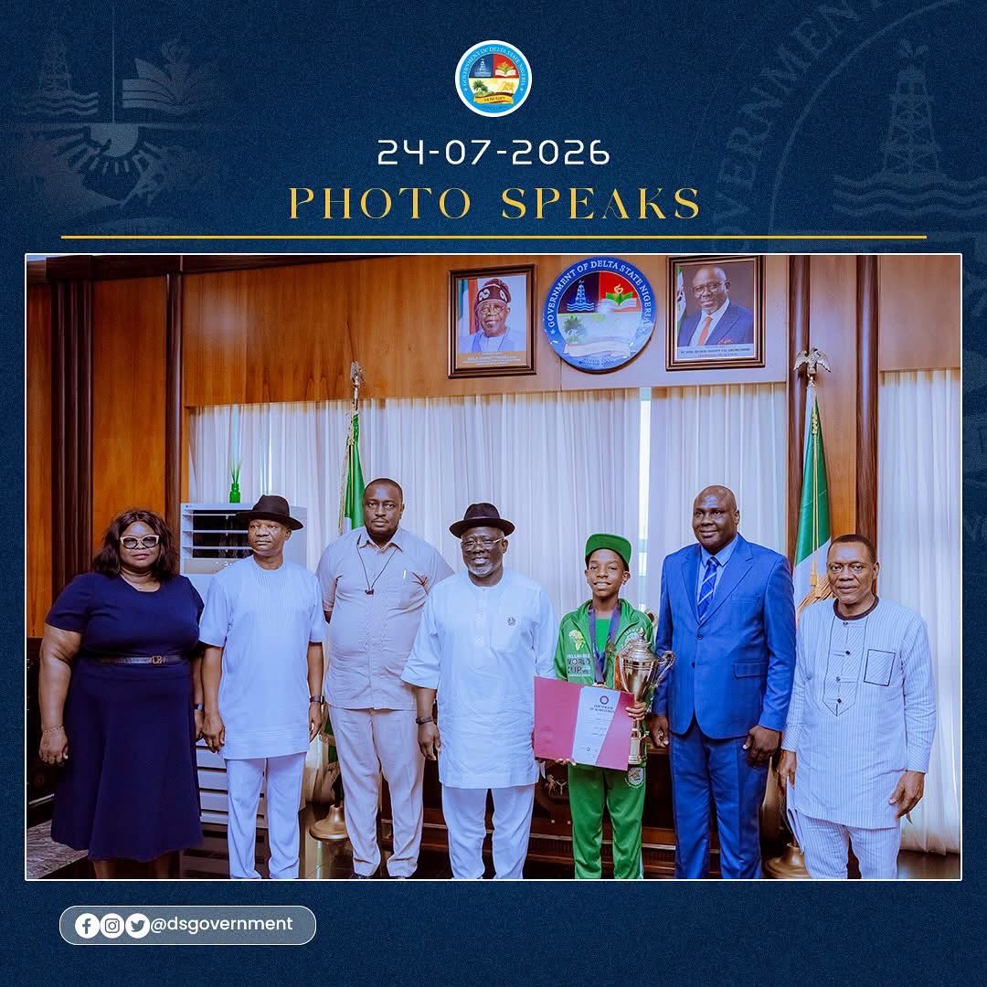 phay_vourh's tweet photo. Governor Sheriff Oborevwori welcomes world champion Chinedu Okediachi from Delta State as he visits with the prestigious Gold Award from the 2026 Spelling Bee World Cup in China!

Grateful to @DSGovernment for this award bestowed on Okediachi Great Chinedu for his achievement. https://t.co/BlhzpMnPSr