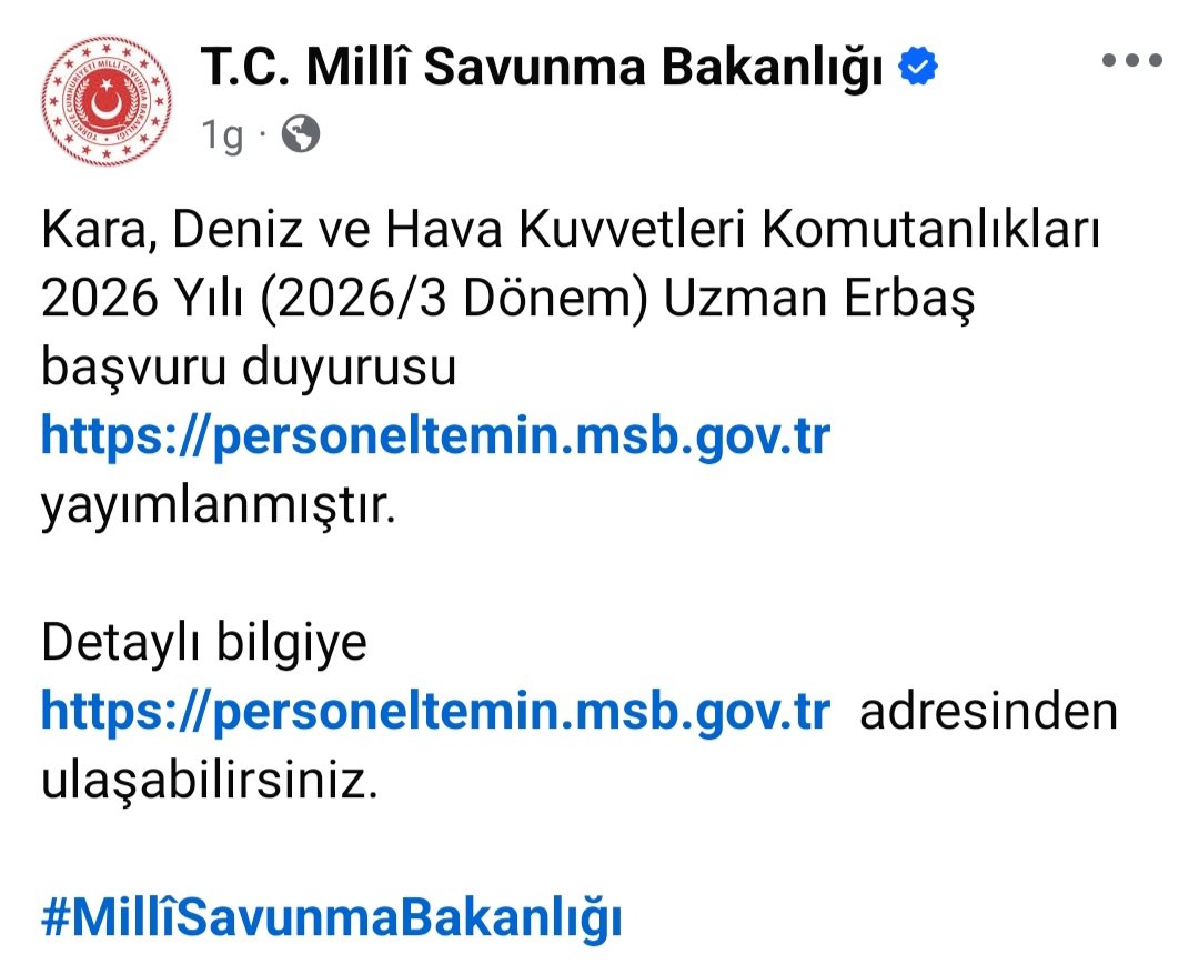 sbgplatformu's tweet photo. Kara, Deniz ve Hava Kuvvetleri Komutanlıkları 2026 Yılı (2026/3 Dönem) Uzman Erbaş başvuru duyurusu https://t.co/ozJHbPZ79u yayımlanmıştır.

Detaylı bilgiye https://t.co/ozJHbPZ79u  adresinden ulaşabilirsiniz. 

#MillîSavunmaBakanlığı https://t.co/2grIXbWu3v