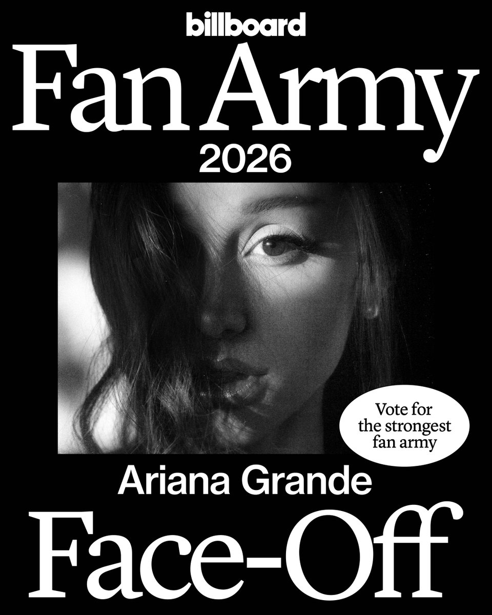billboard's tweet photo. Attention #Arianators! ☁️ Show your support by voting for Ariana Grande in Round 2 of #BBFanArmy2026.
Vote: https://t.co/o2ZOPvl7vM https://t.co/W5DzPXAT4k