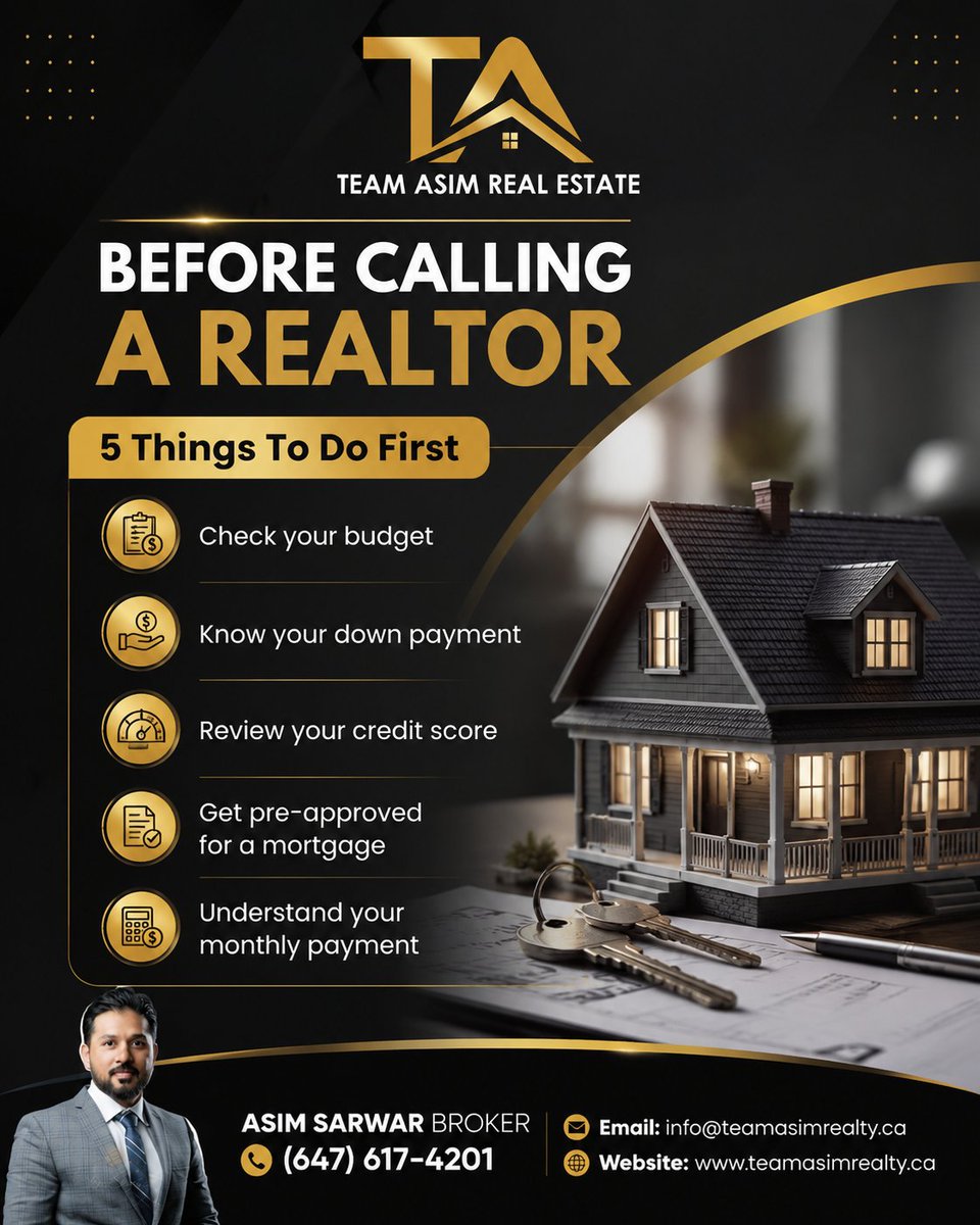 teamasimsarwar's tweet photo. Thinking of buying a home? Know your budget, down payment, credit score &amp; mortgage options first. Smart planning today leads to your dream home tomorrow. 

Plan wisely, move confidently.
☎️ | (647) 617-4201
📧 | info@teamasimrealty.ca
🌐 | https://t.co/WI2qa812nS

#homebuying https://t.co/elsez66tsX