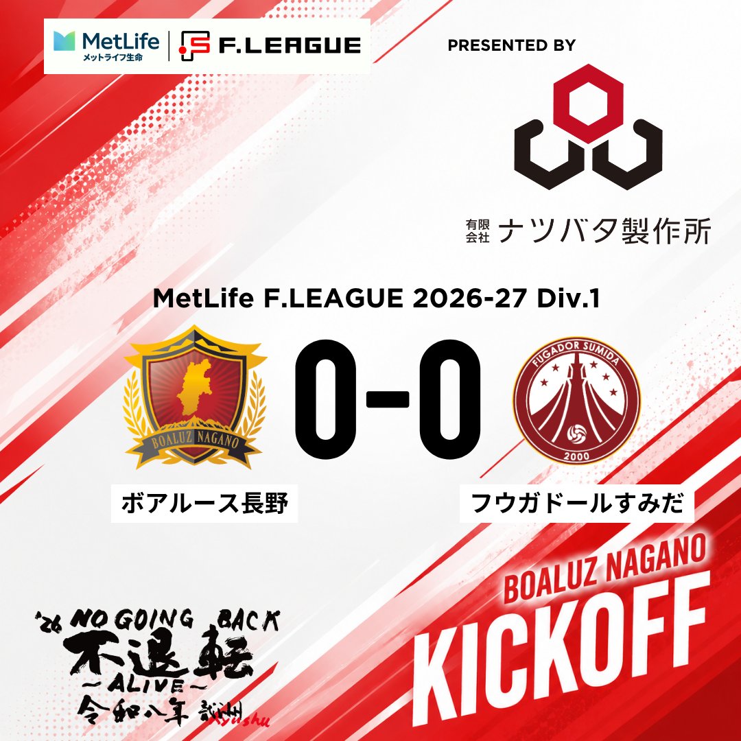 boaluznagano's tweet photo. 🏆メットライフ生命F1リーグ2026-27 第9節
【試合開始】
長野 0-0 すみだ
🎥FリーグTVでLIVE配信&見逃し▼
https://t.co/ixG5r1b89H
#ボアルース長野 #メットライフ生命Fリーグ #フットサル #フウガドールすみだ #NOGOINGBACK #不退転 https://t.co/ID7xNp4jAU
