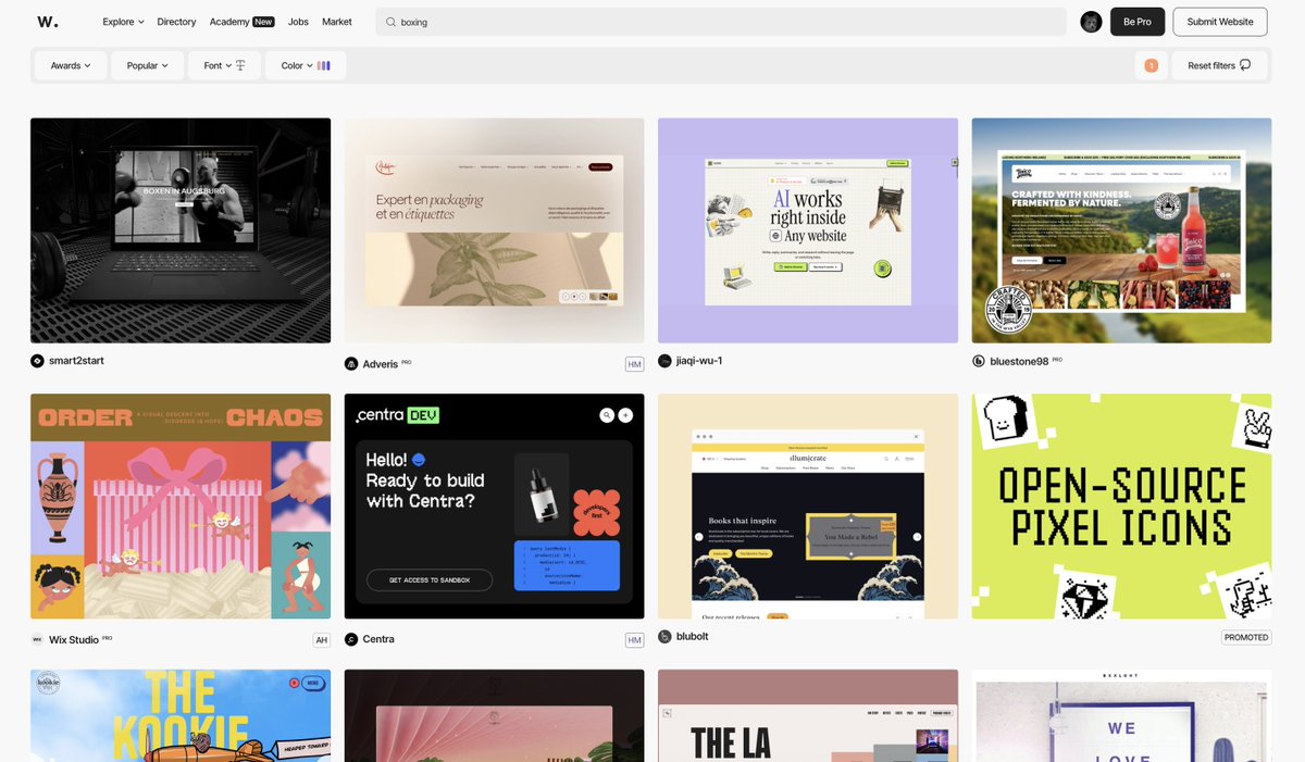DesignWithJawad's tweet photo. As a decade-long user of @awwwards, watching search relevance degrade is tough.

Searching "boxing" yields 1 match and a wall of unrelated results. Discovery is core to Awwwards. Don't go down the Dribbble path.

Open to sharing structural ideas with the team if useful. https://t.co/JzrROtgRe8