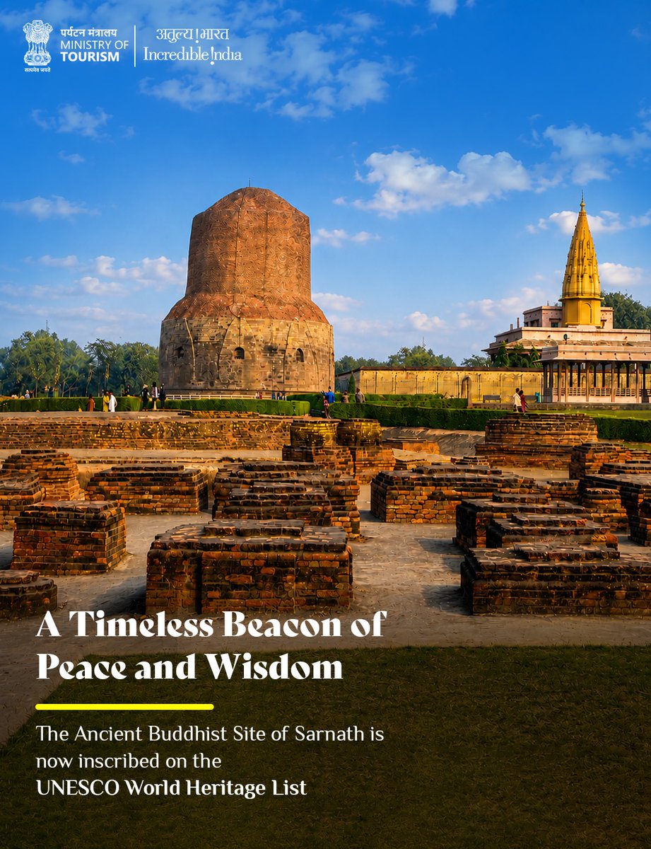 incredibleindia's tweet photo. Explore Sarnath, India's 45th #UNESCO World Heritage Site, where Lord #Buddha delivered his first sermon and the Wheel of Dharma was set in motion.

Discover the Dhamek Stupa, commemorating the traditional site within the Deer Park where Lord Buddha delivered his first sermon; the Chaukhandi Stupa, commemorating his meeting with his first disciples; and the Dharmarajika Stupa, one of the earliest Buddhist stupas commissioned by Emperor Ashoka.

Experience the enduring legacy of one of the world's most sacred Buddhist sites.

#Sarnath #UNESCOWorldHeritage #BuddhistHeritage #VisitIndia #IncredibleIndia