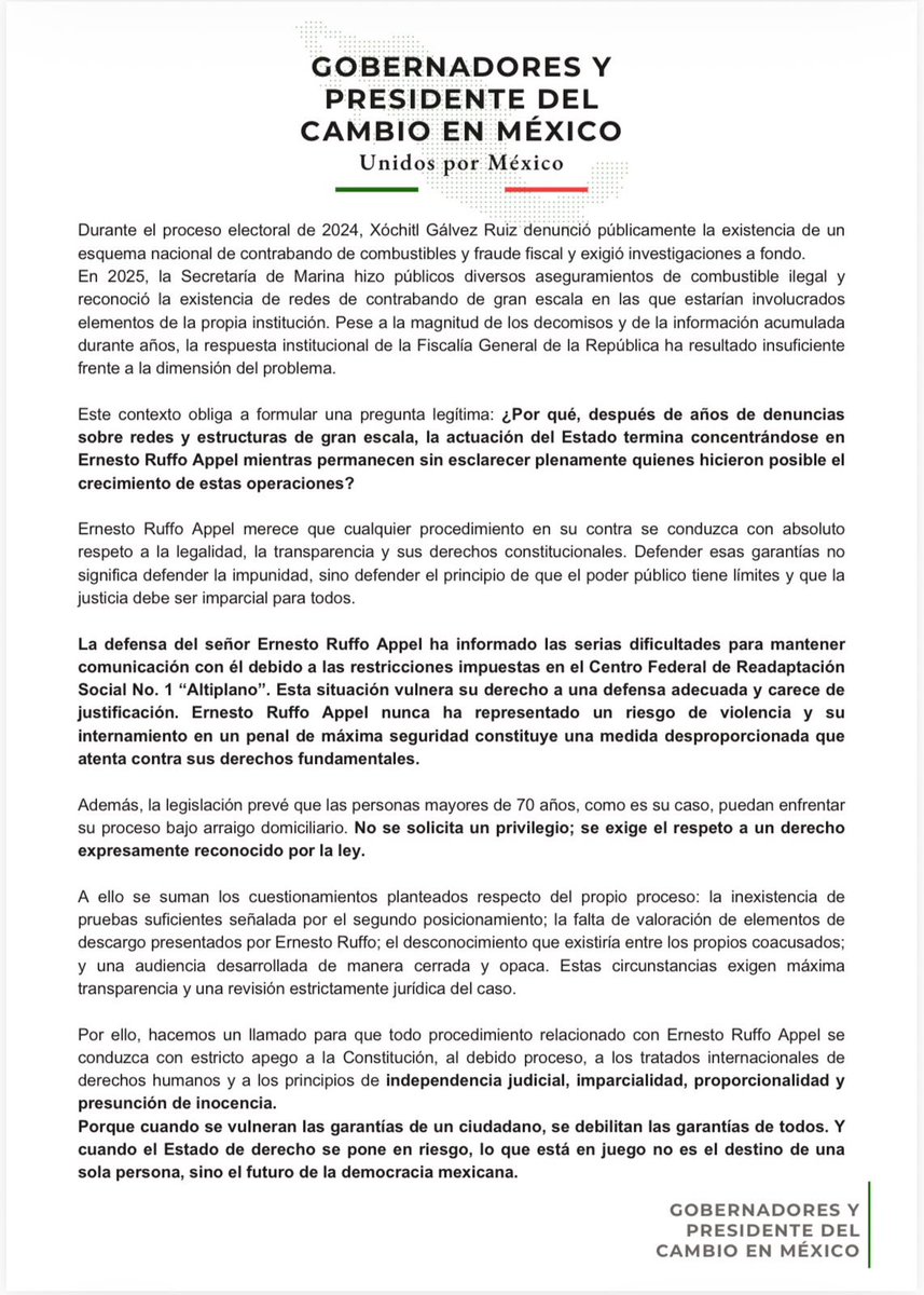 JorgeRoHe's tweet photo. Hacemos nuestro el llamado que hacen los Gobernadores y Presidente del Cambio en México en defensa del Estado de derecho, las garantías constitucionales y la dignidad de @RuffoAppel. 

Nadie está por encima de la ley pero ninguna autoridad puede estar por encima de la Constitución.