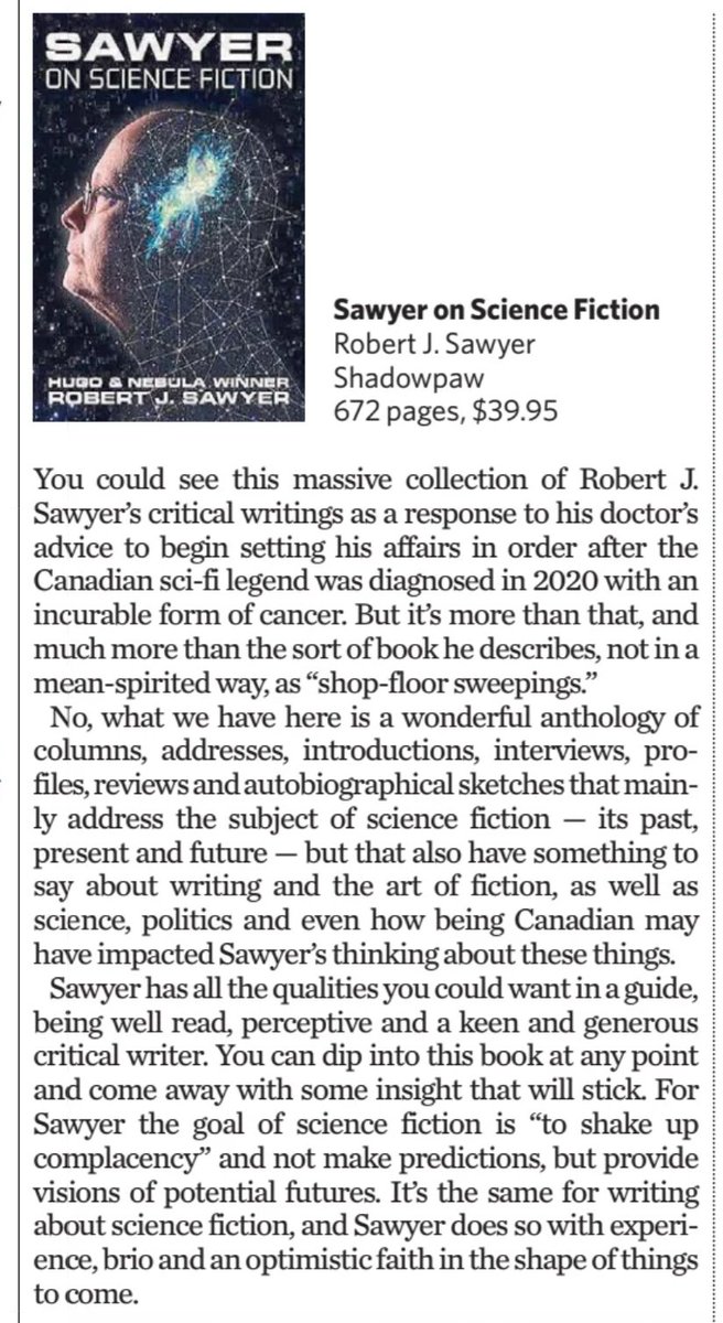 RobertJSawyer's tweet photo. TORONTO STAR on SAWYER ON SCIENCE FICTION:

A wonderful anthology. Sawyer has all the qualities you could want in a guide, being well read, perceptive and a keen and generous critical writer. You can dip into this book at any point and come away with some insight that will stick. https://t.co/LOMw5MuOKo