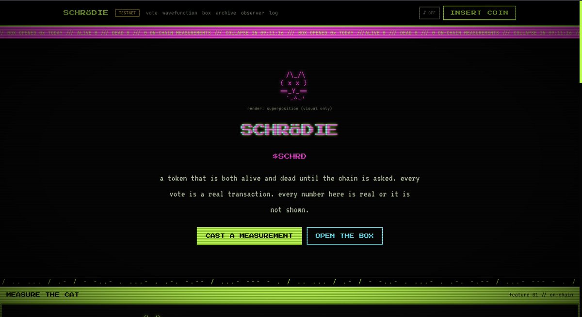 Shrd_box's tweet photo. the old market collapsed once a day, at the 4pm bell.

> @RobinhoodCrypto  chain has no bell. the wavefunction runs all night.

> someone has to measure it. that someone is you.

### 

> "is the voting actually on-chain?"

> yes. every ALIVE and every DEAD is a transaction on Robinhood Chain. click any measurement in the log---- it opens the tx in the explorer.

> the box is real. that's the whole point. 
https://t.co/cPw1wAXrz7
### 

> epoch 001 is in superposition. the box closes at 00:00 UTC. vote.