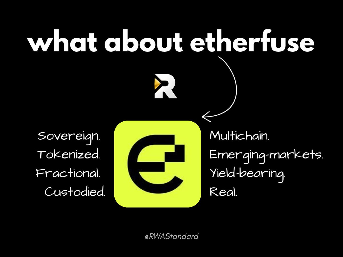 RWAStandard's tweet photo. Every RWA project raced to tokenize US Treasuries.

@etherfuse went and tokenized the bonds nobody else would touch.

Real sovereign debt, on-chain, fractional:

→ CETES : Mexican treasury bills
→ TESOURO : Brazilian government bonds
→ USTRY : US Treasuries
→ GILTs : UK government bonds
→ EUROB : Spanish and German debt

Not synthetics. Real bonds, held by BBVA, B3 and Shinhan, attested weekly.

Minimum buy: one peso.
Custody: bankruptcy-remote under Swiss law.
Settlement: seconds, across five chains.

BlackRock tokenized Treasuries for institutions.
Etherfuse tokenized a Mexican worker's savings account.