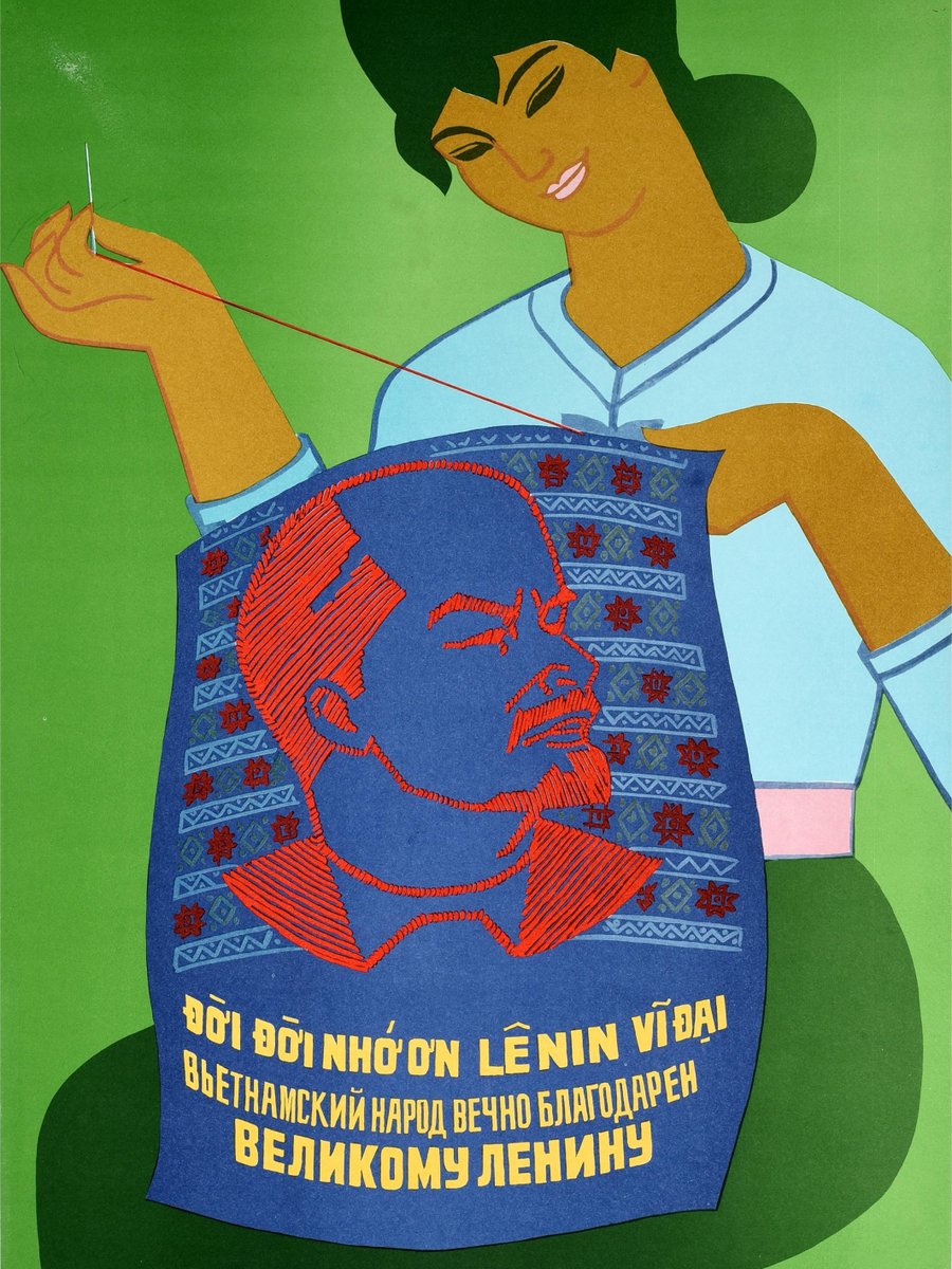 propagandopolis's tweet photo. 'The Vietnamese people are eternally grateful to the Great Lenin' — Soviet poster (1985) showing a woman creating an embroidery of Lenin. https://t.co/bu9qXcpd0z