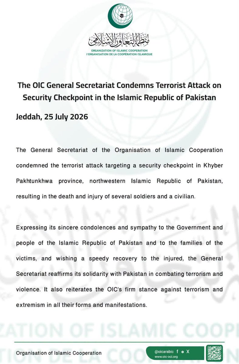 OIC_OCI's tweet photo. The #OIC General Secretariat Condemns #Terrorist Attack on Security Checkpoint in the Islamic Republic of #Pakistan https://t.co/cLoBoq1tO8
