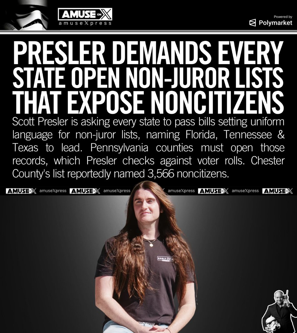 amuse's tweet photo. ELECTION INTEGRITY: While 30 states stonewall the DOJ, preventing it from determining if they have noncitizens registered to vote, Scott Presler decided to obtain a proxy for that data - lists of non-jurors. Counties use voter registrations to compile lists of potential jurors. When a juror is determined to be a noncitizen, their name is added to the non-juror list. If a name appears on these lists, there is a very good chance they're a noncitizen registered to vote. Presler is calling on every state to standardize their non-juror lists so that this method can be used in all states to find noncitizen voters until the Senate gets its act together and passes the Save America Act.