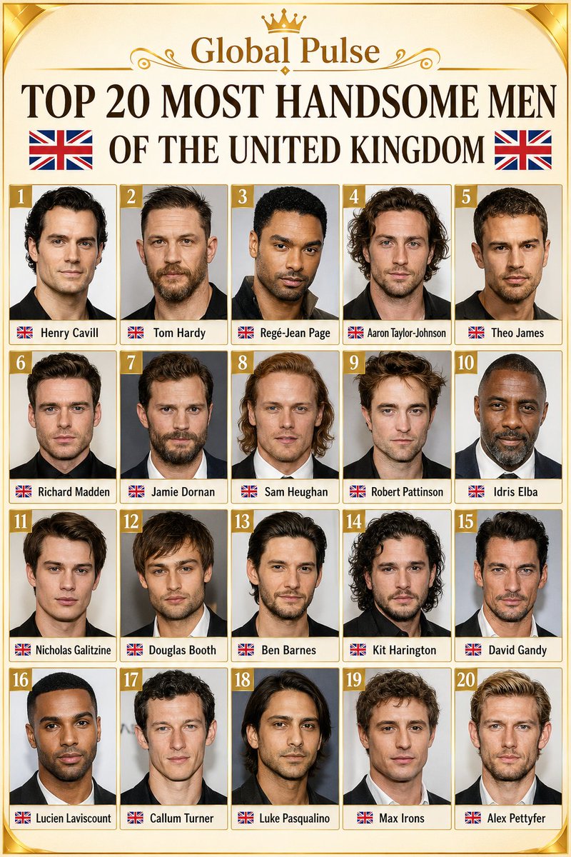 Globalstats_77's tweet photo. 🇬🇧 Top 20 Most Handsome Men of the United Kingdom

🇬🇧 Henry Cavill
🇬🇧 Tom Hardy
🇬🇧 Regé-Jean Page
🇬🇧 Aaron Taylor-Johnson
🇬🇧 Theo James
🇬🇧 Richard Madden
🇬🇧 Jamie Dornan
🇬🇧 Sam Heughan
🇬🇧 Robert Pattinson
🇬🇧 Idris Elba
🇬🇧 Nicholas Galitzine
🇬🇧 Douglas Booth
🇬🇧 Ben Barnes
🇬🇧 Kit Harington
🇬🇧 David Gandy
🇬🇧 Lucien Laviscount
🇬🇧 Callum Turner
🇬🇧 Luke Pasqualino
🇬🇧 Max Irons
🇬🇧 Alex Pettyfer