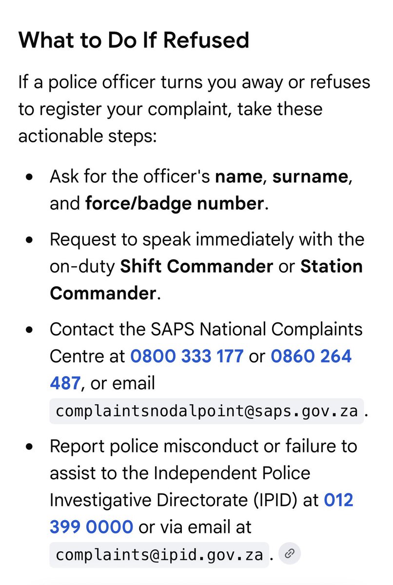ginnydmm's tweet photo. SAPS may NOT refuse to open a case.

Know your rights.

𝐒𝐀𝐏𝐒 𝐈𝐬𝐬𝐮𝐞𝐬 𝐏𝐮𝐛𝐥𝐢𝐜 𝐍𝐨𝐭𝐢𝐜𝐞 𝐀𝐠𝐚𝐢𝐧𝐬𝐭 𝐎𝐟𝐟𝐢𝐜𝐞𝐫𝐬 𝐑𝐞𝐟𝐮𝐬𝐢𝐧𝐠 𝐭𝐨 𝐎𝐩𝐞𝐧 𝐂𝐫𝐢𝐦𝐢𝐧𝐚𝐥 𝐂𝐚𝐬𝐞𝐬

The South African Police Service (SAPS) has released a public notice reminding citizens of their rights and warning officers that refusing to open criminal cases is unacceptable and against official policy.

According to the notice, SAPS has received increasing complaints that some police stations are turning away people trying to report crimes, particularly cases involving women and children. 

Unacceptable Reasons for Refusal

The infographic highlights several common excuses officers have reportedly used to avoid opening cases:

The complainant cannot identify the suspect by name  
The complainant did not bring the suspect to the police station  
The crime did not occur within that specific police station’s area  
The officer believes the case is “not serious enough”  
Complainants are told to resolve the matter themselves with the suspect

SAPS has made it clear: “This is unacceptable.”

What the Law Requires

Under National Instruction 3 of 2011, SAPS members must:

Interview the complainant to determine whether the report meets the requirements of a specific criminal offence.  
Never refer a complainant to another police station, even if the crime happened in a different jurisdiction.

The Community Service Centre (CSC) at each station is required to:

Treat complainants courteously
Take a full sworn statement
Ensure all complaints receive immediate attention
Not send people away to report elsewhere

Consequences for Officers

Cluster and Station Commanders must take disciplinary action against any SAPS member who refuses to comply with this instruction.

What the Public Should Do

The notice urges members of the public:
“Report it” if a SAPS member refuses to open your case.  

SAPS National Complaints Centre:0800 333 177
0860 264 487

The message is clear: Know your rights. Do not walk away without your case being registered.