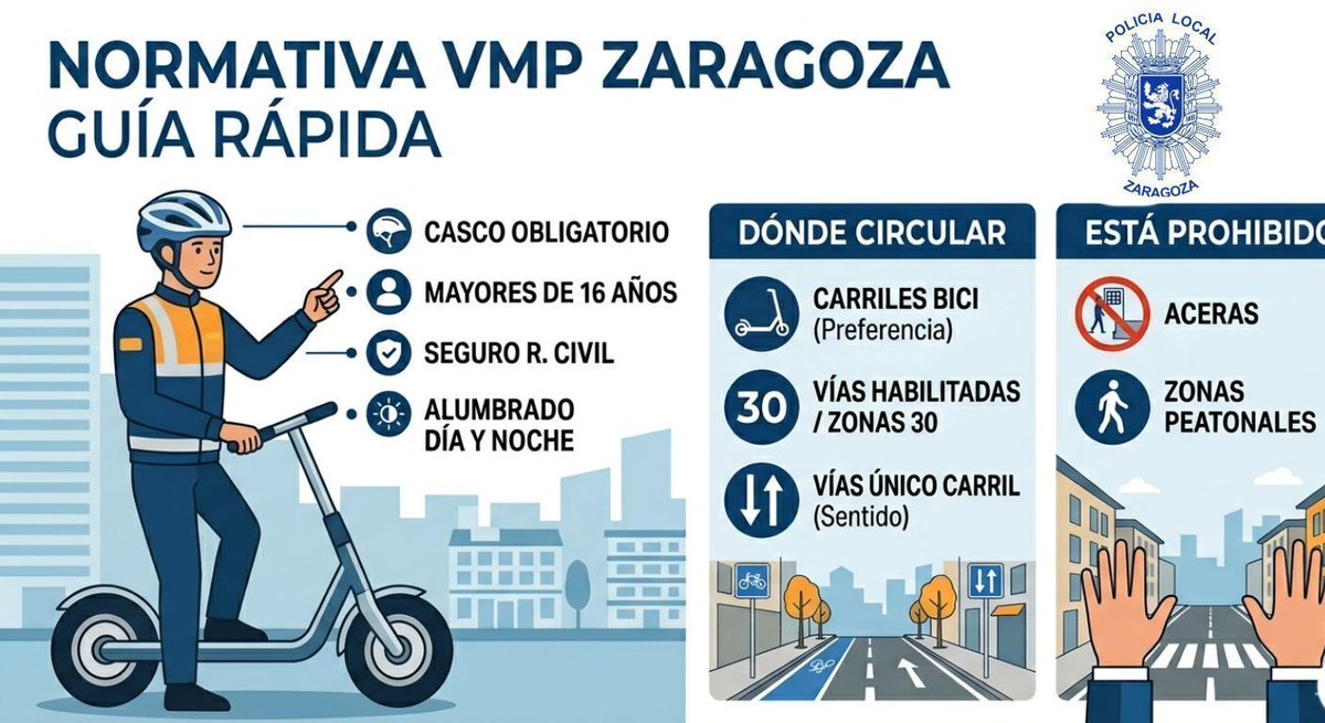 policiazaragoza's tweet photo. Os recordamos que los Vehículos de Movilidad Personal (VMP) tienen una normativa específica para garantizar la seguridad de todos. 

¡Respeta las normas! 🛴

+INFO: https://t.co/n0ExYT2xwA https://t.co/iFL3GMyJxK
