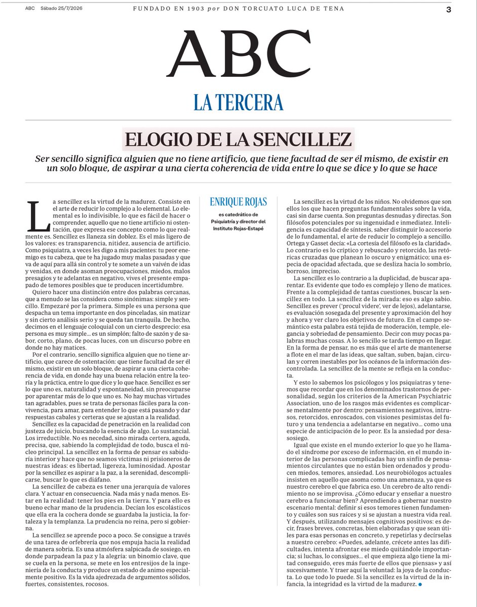 aorrantiah's tweet photo. «#Sencillez significa carecer de ostentación: tener la facultad de ser tú mismo, de aspirar a una cierta coherencia de vida. Sencillez es ser lo que uno es, naturalidad y espontaneidad. Poseer una jerarquía de valores».

✍🏻 'Elogio de la sencillez' por Enrique Rojas en @abc_es https://t.co/UCbNM9oX0c