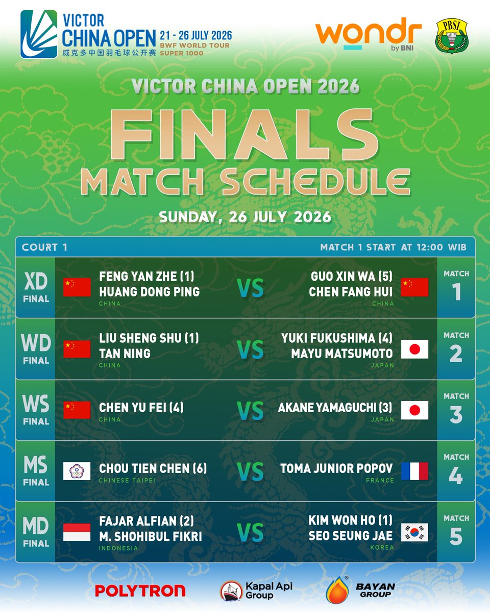 INABadminton's tweet photo. Order of play final China Open 2026! 

Minggu, 26 Juli mulai pukul 12.00 WIB.

Ulangan final ganda putra Japan Open pekan lalu kembali tersaji di partai penutup. Selamat berjuang Fajar/Fikri! BISA!

#BadmintonIndonesia #ChinaOpen2026 https://t.co/BUS89gGQiR