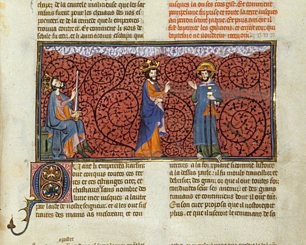 red_loeb's tweet photo. 25th July is the feast of St James the Apostle who appeared in a dream to Charlemagne and told him to follow the milky way to Galicia and to liberate his forgotten tomb.     

BL Royal MS 16 G VI; 1332-1350; Les Grandes chroniques de France; France (Paris); f.165r
@BLMedieval https://t.co/eySt6vxD3W