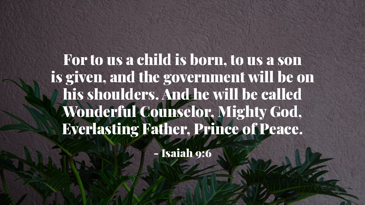 verse_each_day's tweet photo. For to us a child is born, to us a son is given, and the government will be on his shoulders. And he will be called Wonderful Counselor, Mighty God, Everlasting Father, Prince of Peace. - Isaiah 9:6 https://t.co/h39udKwPpd
