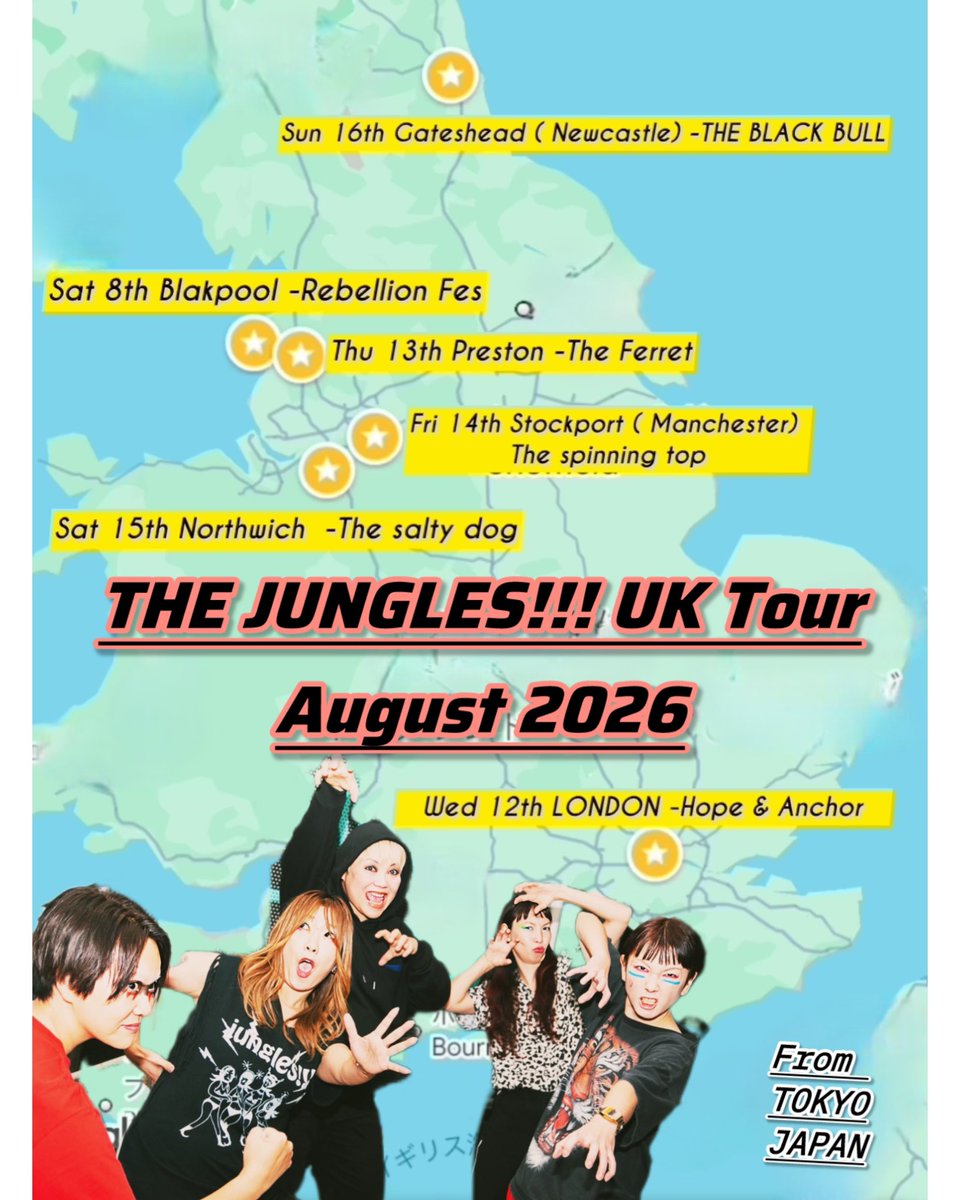 jungles_japan's tweet photo. 【THE JUNGLES!!! UK🇬🇧TOUR August 2026】

Please help spread the word!
Our first-ever UK tour starts in two weeks!
Please come to see us!
We can’t wait to see you all in the UK.

Thank you so much for your support! https://t.co/ik3NQUJLLP