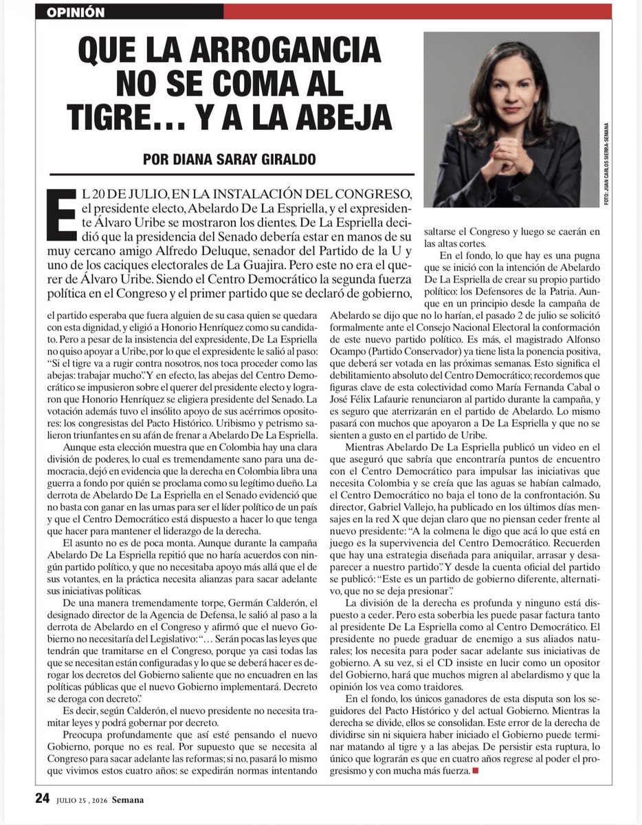 DianaSaray's tweet photo. La arrogancia del nuevo presidente Abelardo de la Espriella y la soberbia del Centro Democrático les puede pasar factura a ambos. De esta disputa solo saldrá un ganador: El Pacto Histórico https://t.co/a5vAaZ8jbB