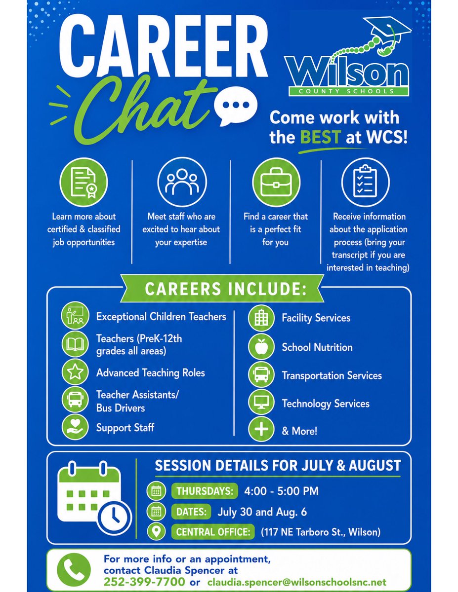 WilsonSchoolsNC's tweet photo. Interested in working for WCS? Join us for our upcoming Career Chat sessions!
β
Register now - https://t.co/ijAQFOjdpI
For more info about working for WCS, visit this link - https://t.co/kjAy1Mxm6n
Come work with the BEST at WCS! ππ #WCSistheBEST #jobs #WorkWithWCS https://t.co/ltNVnPyohQ