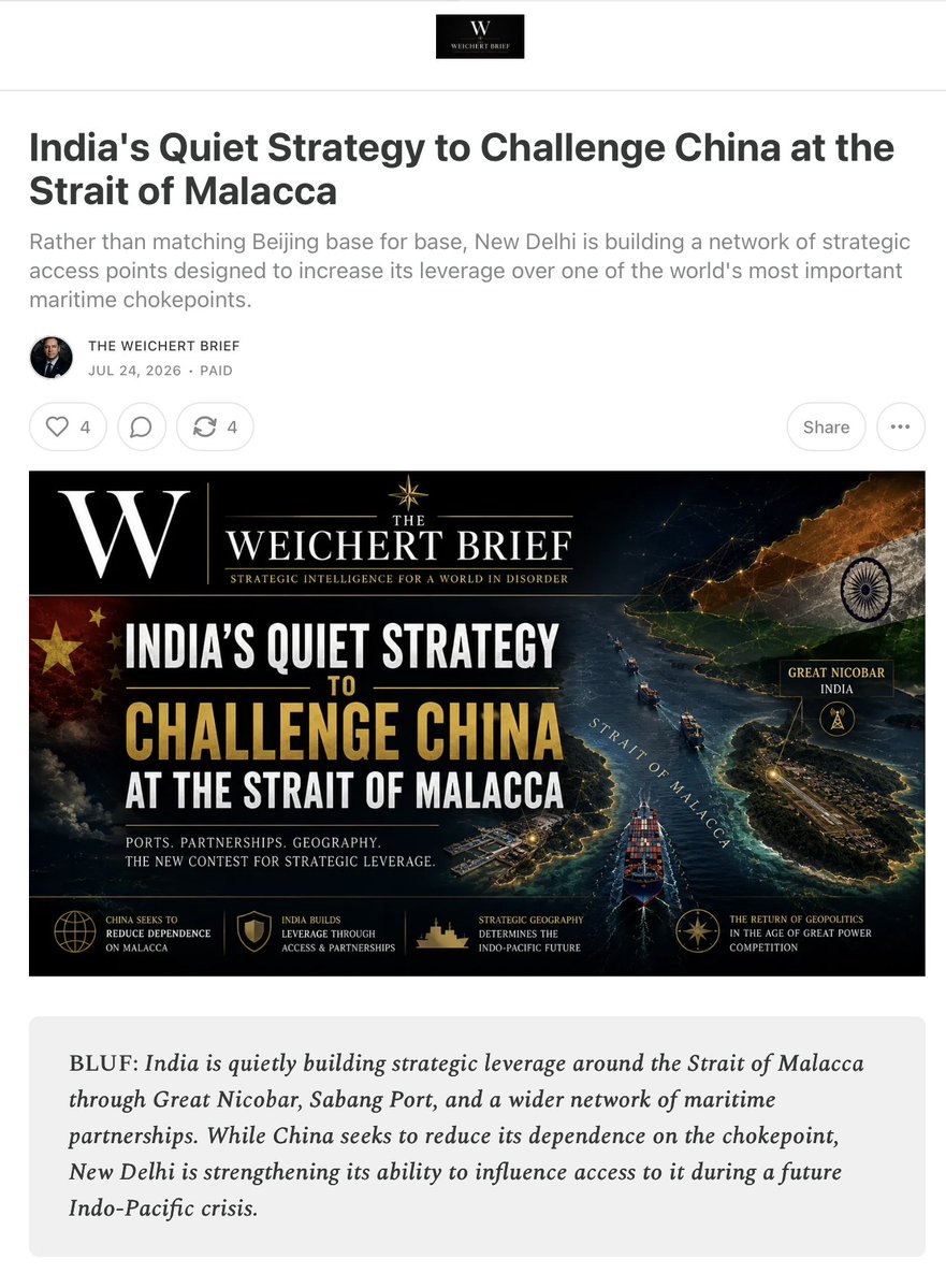 WeTheBrandon's tweet photo. While you’re focused on the Strait of Hormuz, the Red Sea, and Bab el-Mandeb Strait closures, I took a gander at what India (and by extension the US) is up to in the Strait of Malacca. 

Looks like we’ve got ourselves World War Chokepoint underway (link in comments): https://t.co/x9b6rx1eHJ