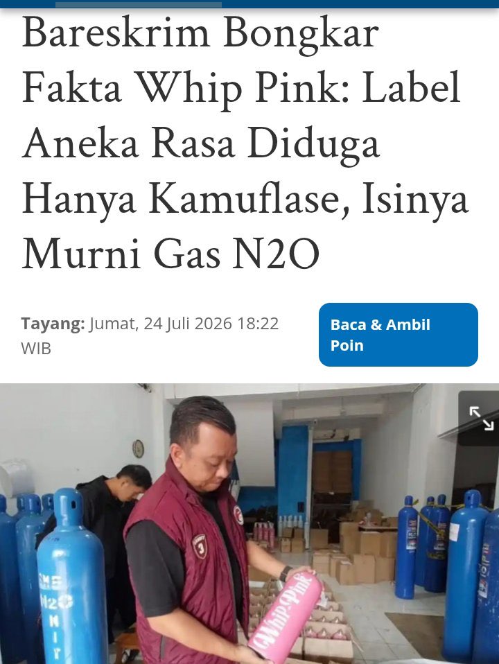 AirinDatangLagi's tweet photo. Whip Pink atw dinitrogen oksida (N₂O) ini sgt berbahaya krn memicu kekurangan oksigen di otak, kerusakan saraf permanen, hingga kematian.

tren "mabuk instan" ini dpt sorotan tajam usai kasus kematian selebgram Lula Lahfah pd awal 2026 lalu..!! https://t.co/HRvoUsjqEE